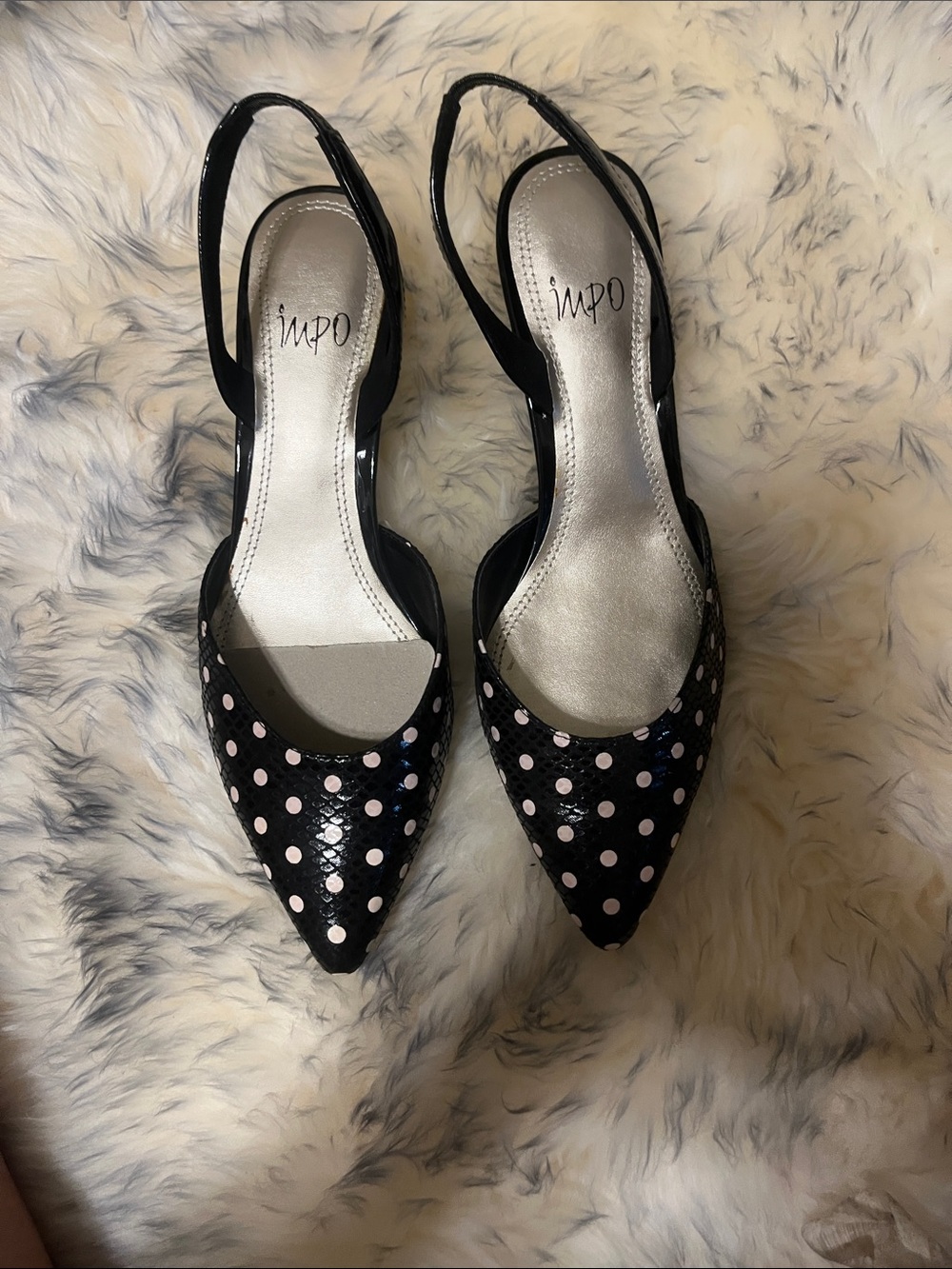 BRAND NEW !! Impo Black Pointed Toe Slingback Pumps with white Polka Dots